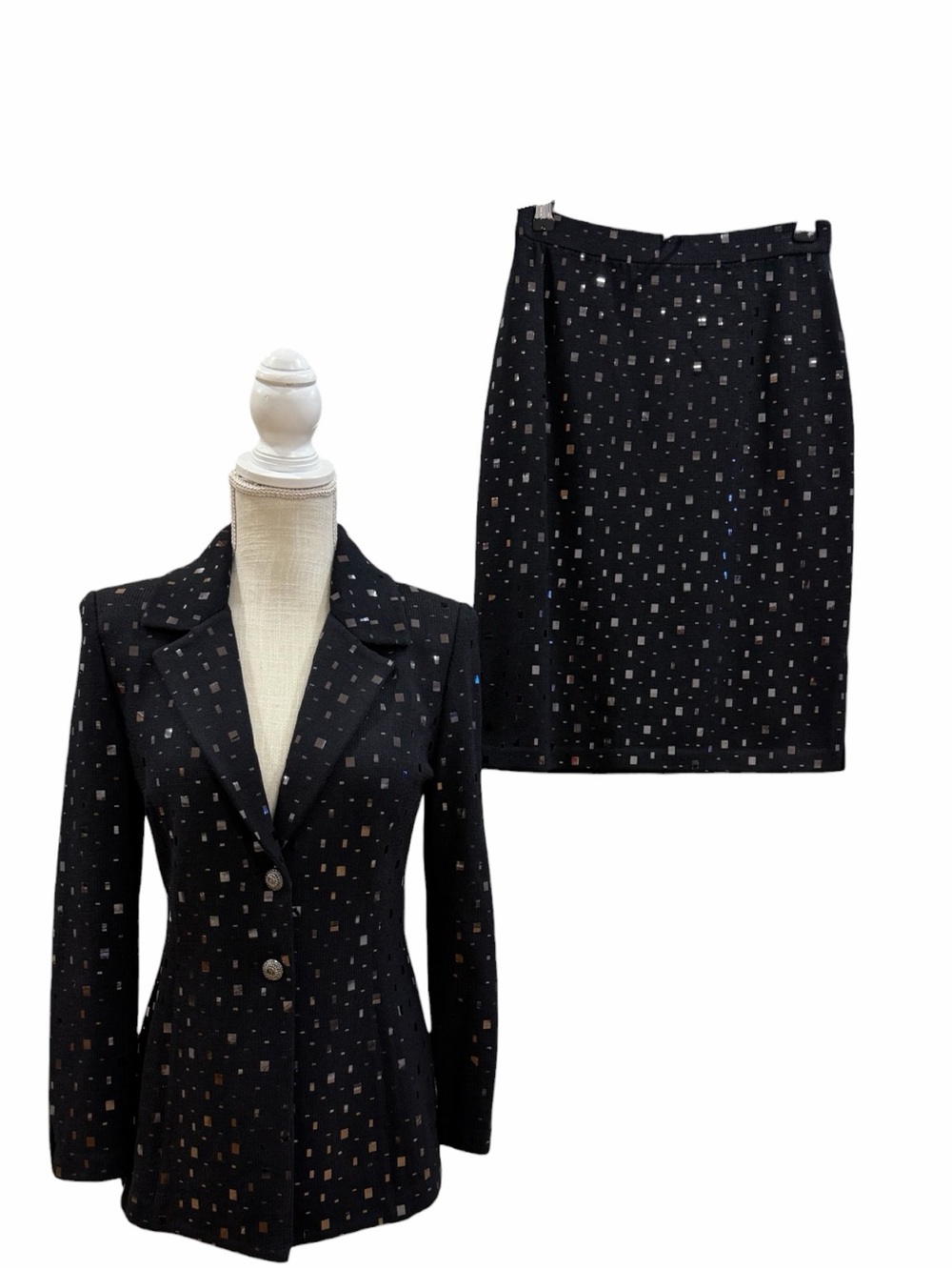 St. John Evening Marie Gray Santana Knit Skirt Suit Mirrored Paillette Black Set - Picture 2 of 11